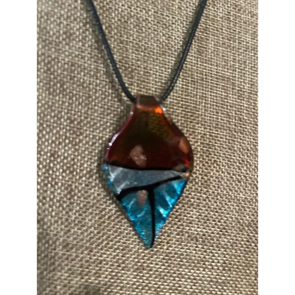 Art Glass Teardrop Pendant Necklace Blue Amber Swirl Black Cord Unisex